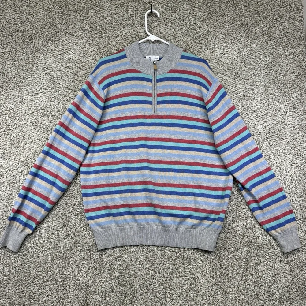 Peter Millar Sweater Men's Large Striped 1/4 Zip Pima Cotton Silk Cashmere Knit - Picture 1 of 15